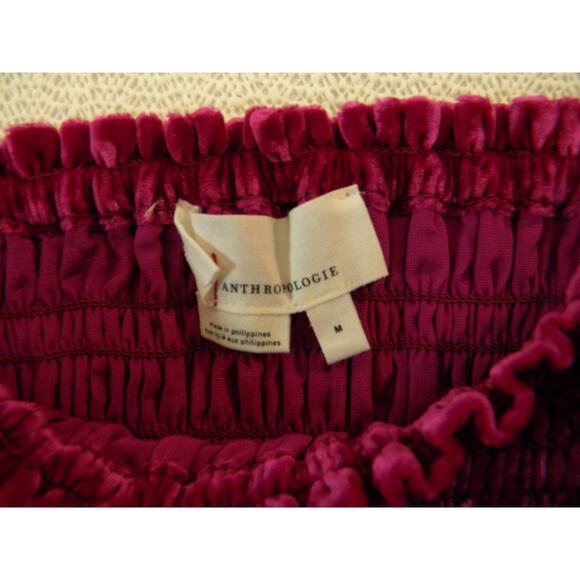 Anthropologie Velvet Smocked Peasant Blouse Long Sleeve Magenta Pink Crop Medium - Picture 3 of 5